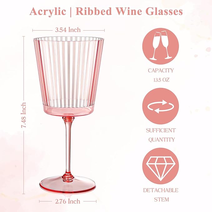 48 PCS Pink Plastic Wine Glasses with Removable Stems 13.5 Oz Pink Ribbed Wine Glasses Square White Wine Glass Muted Pastel Colors Goblets Elegant Fluted Glassware for Wedding Anniversary Birthday
