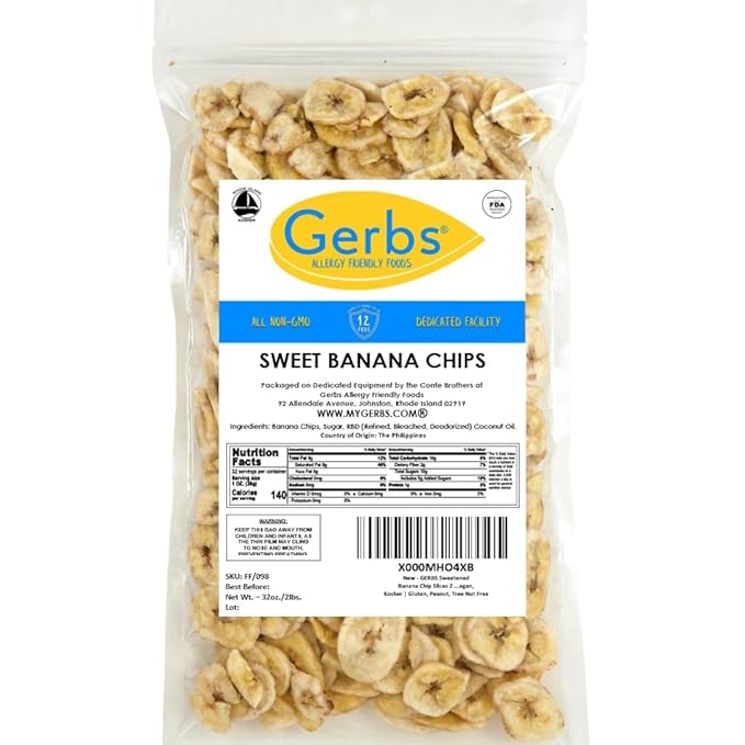 Gerbs Banana Chips Sweetened, 2 LBS – Unsulfured & Preservative Free - Top 14 Allergy Friendly & Non GMO - Product of Philippines