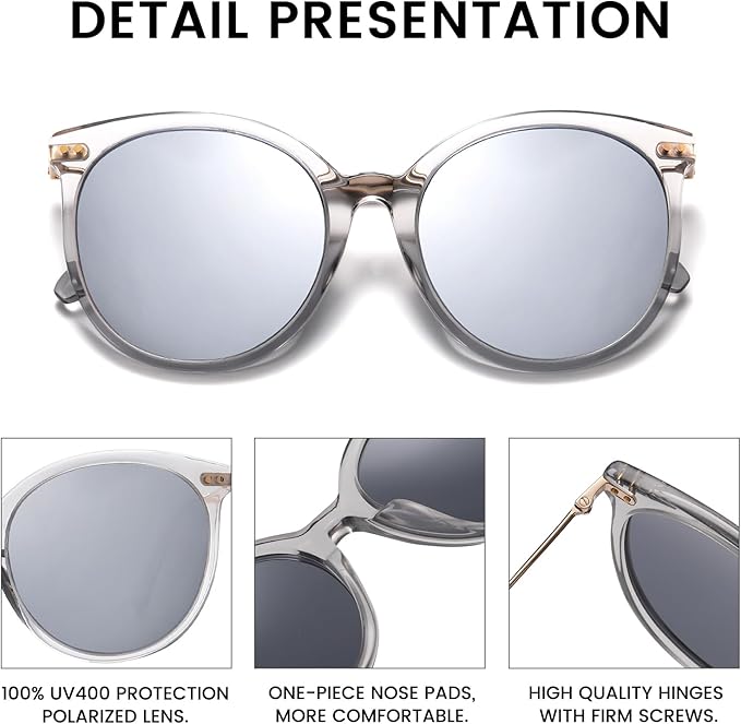DUCO Oversized Polarized Sunglasses Womens Trendy Mirrored Shades Retro Round Vintage Light Weight UV400 Sun Glasses W016