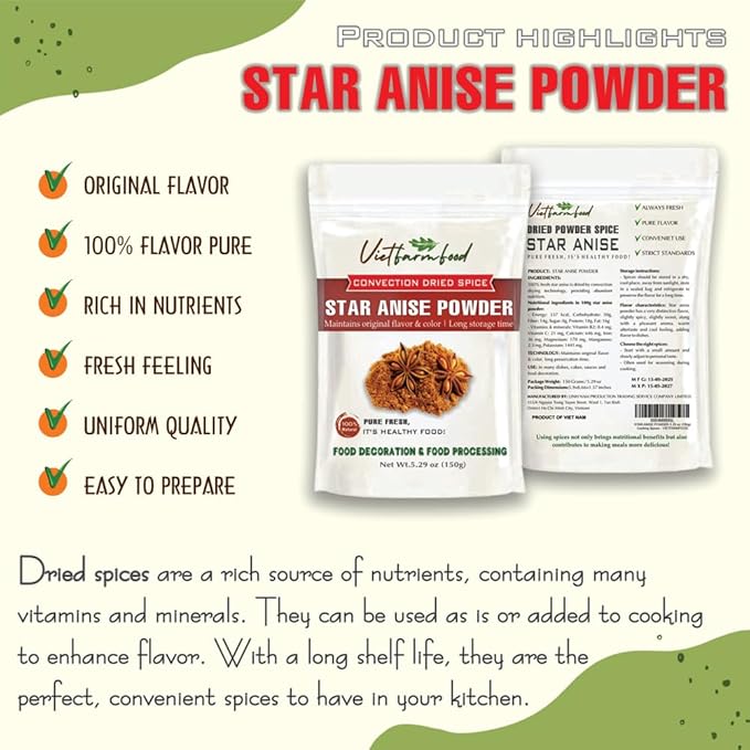 STAR ANISE POWDER 5.29 Oz (150g) VIETFARMFOOD: Natural pure, convection dried seasoning made from real vegetables - perfect for adding flavor to any meal, from cooking, baking, salads, soups, sauces