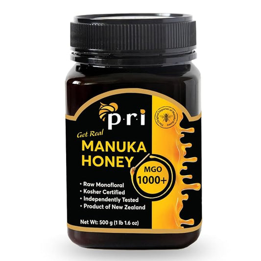 P.R.I Manuka Honey MGO 1000+, 1.1LB High Strength - Raw Manuka Honey (500g Jar)