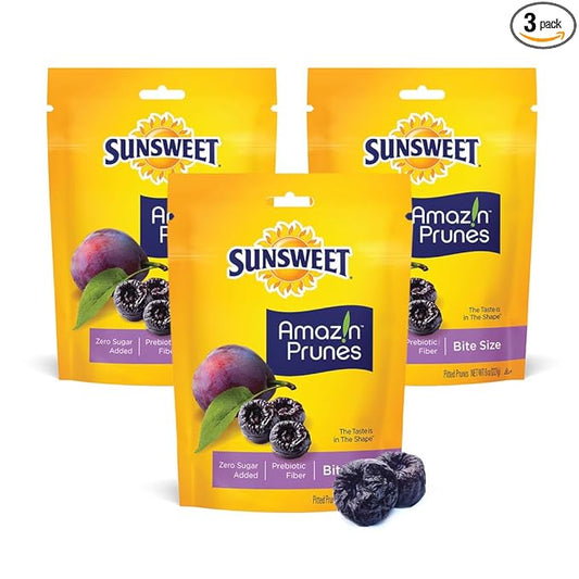 Sunsweet Amazin' Prunes - Bite Size Prunes Pitted Unsweetened & Dried - Gluten Free, Vegan, Low Fat - Dietary Fiber & Natural Minerals - Dried Fruit - 8 oz pouch - 3 Pack