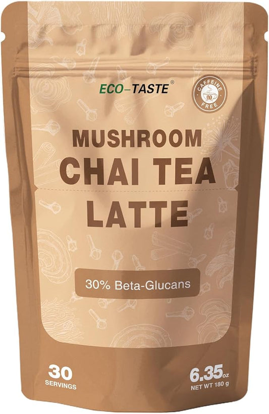 Chai Tea Latte with Mushrooms - 30 Servings, 30% Beta-Glucans - Lion's Mane, Reishi Spore, Turkey Tail Fruiting Body Extract for Relax & Energy Support, 6.35 oz