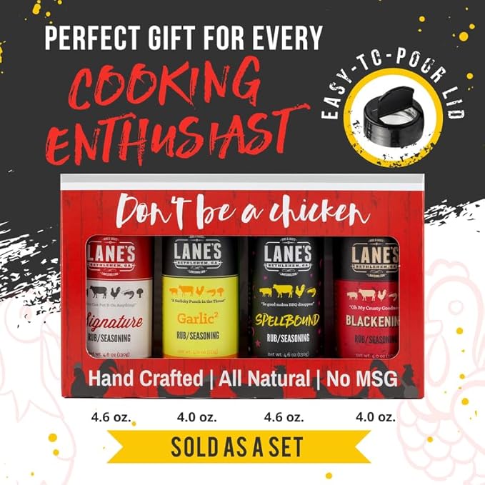Lane's Don't Be A Chicken Gift Set, All-Natural 4 Rubs Gift Set of Blackened Seasoning, Garlic Powder Seasoning, Spellbound Pork & Signature BBQ Rub