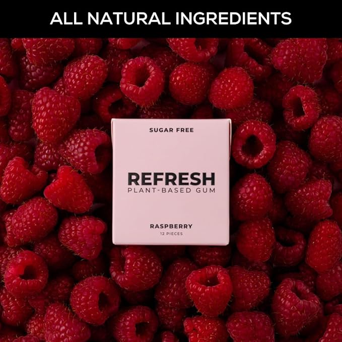 Refresh Gum, Xylitol, Natural, Sugar Free, Long Lasting, Plastic Free, Natural Flavors & Organic Ingredients, Plant-Based, Low Calorie, Non GMO, Gluten Free, Vegan, Raspberry Flavor, 12 Pcs, 12 Pack