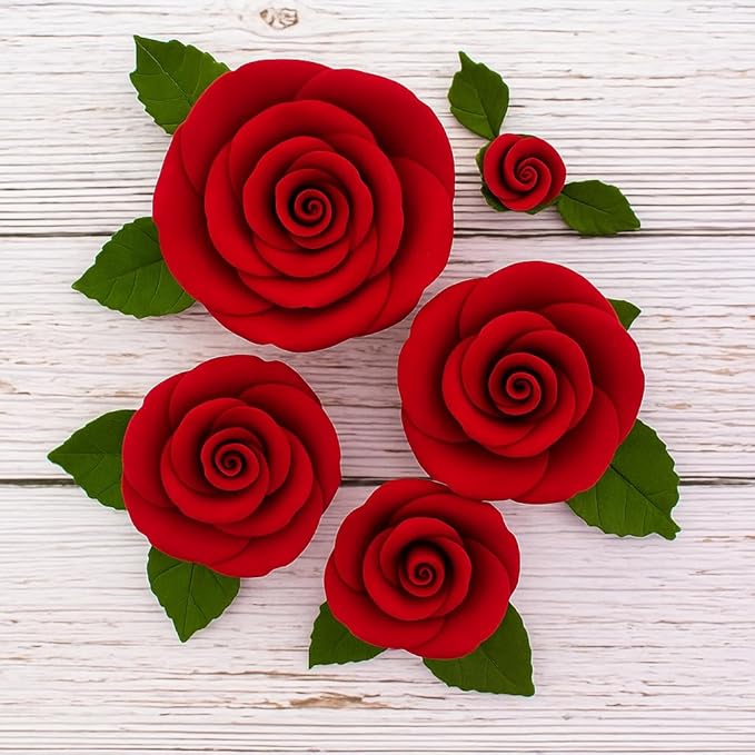 Global Sugar Art Edible Exquisite Rose & Leaf Tray Sugar Cake Flowers, Red Unwired, 5 Count by Chef Alan Tetreault