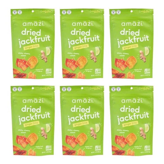 Am채zi Foods | Ginger Lime Dried Jackfruit (6 Pack) | All Natural Snacks | Gluten Free Healthy Dried Fruit Snacks
