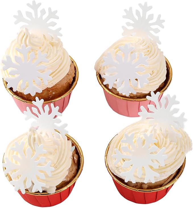 THJ 50PCS Edible Snowflakes Cupcake Toppers - White Snowflakes Cake Decorations Wafer Paper Sprinkles for Christmas Winter Holiday Frozen Theme Party Supplies