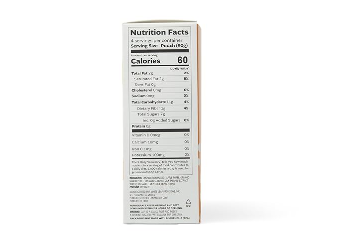 White Leaf Provisions Organic Mango & Coconut Applesauce ??Regeneratively Farmed, No Added Sugar, Kosher, USDA, GMO & BPA free 3.2oz Pouches (Pack of 24)