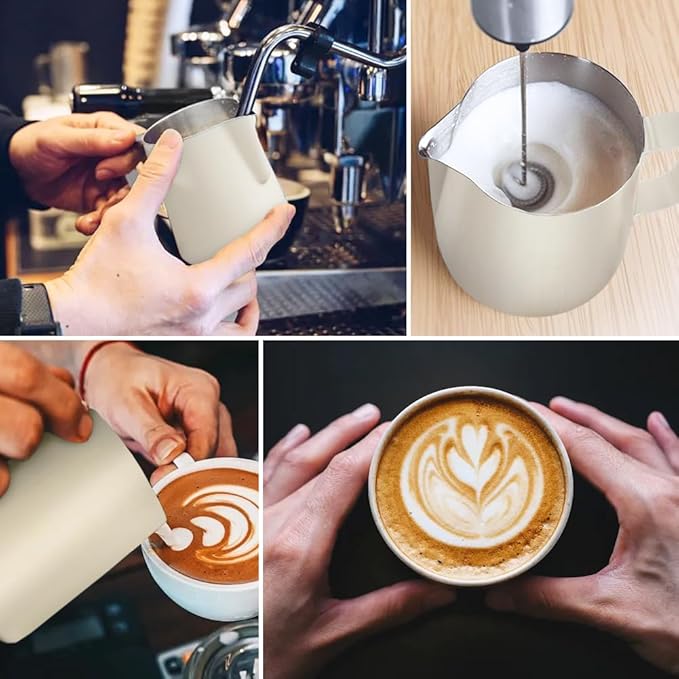 Frothing Milk Pitcher, 12 oz/350 ml Stainless Steel Frothing Milk Jug with Latte Art Pen,with Internal Measurements, for Cappuccino, Espresso and More竊늳hiteç«?,<div>