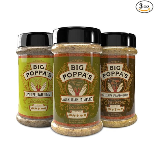 Big Poppa’s Jallelujah Seasoning Set – Gourmet Spice Trio with Jalapeño, Jalapeño Bacon & Lime Rubs – Seasonings for Chicken, Pork & More – Ultimate Grilling, Roasting & Backyard BBQ Bundle (3 Pack)
