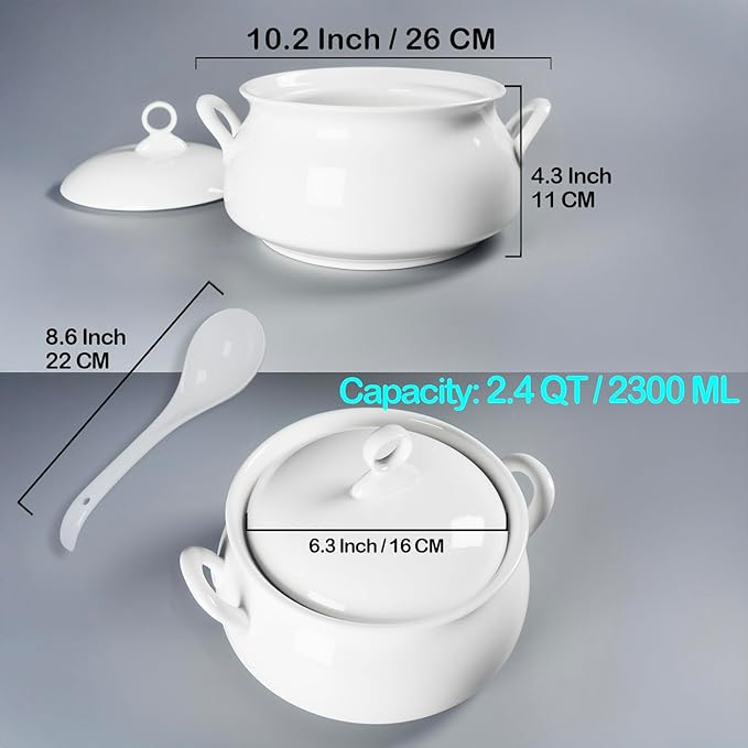 Ceramic Serving Soup Tureen Bowls with Lid and soup spoon, 2.4 QT White French Serving Tureen, Lovely Soup Pot for Casserole dish Salad Pasta Noodles Stew, Microwave Dishwasher Safe
