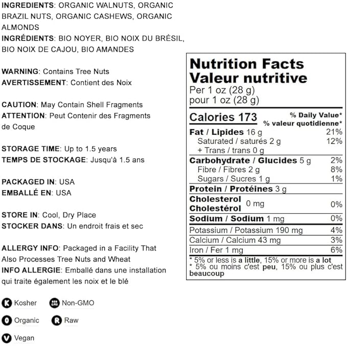 Food to Live Organic Mixed Raw Nuts, 2 Pounds ??Cashews, Brazil Nuts, Walnuts, Almonds, Non-GMO, Kosher, Vegan, Unsalted, Bulk