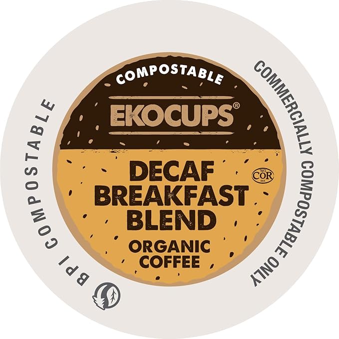 Ekocups Decaf Organic Breakfast Blend Coffee Pods - Swiss Water Process, Light Roast, Compostable, Plant-Based & Freshness-Sealed - Keurig Compatible, 20ct