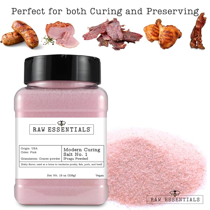 Raw Essentials Curing Salt No. 1 ??6.25% Sodium Nitrite for Curing Meats ??Ideal for Bacon, Sausage, Jerky, Ham, and Corned Beef ??Great for Brining & Pickling ??Vegan ??19 Ounce Bottle