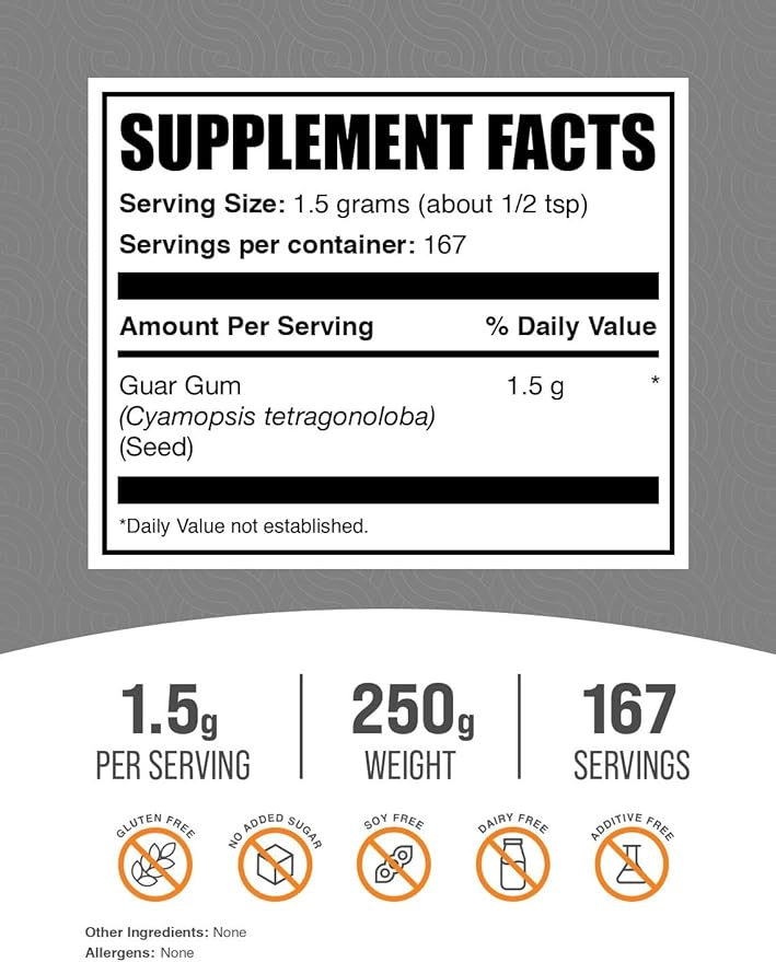 BulkSupplements.com Guar Gum Powder - Guar Gum Supplement - Binder, Food Grade, & Gluten Free, 1.5g per Serving, 250g (8.8 oz) (Pack of 1)