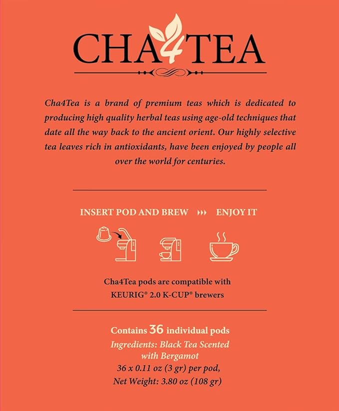Cha4TEA 36-Count Earl Grey Tea Pods ??Compatible with Keurig K-Cup, Bold Black Tea with Bergamot Flavor