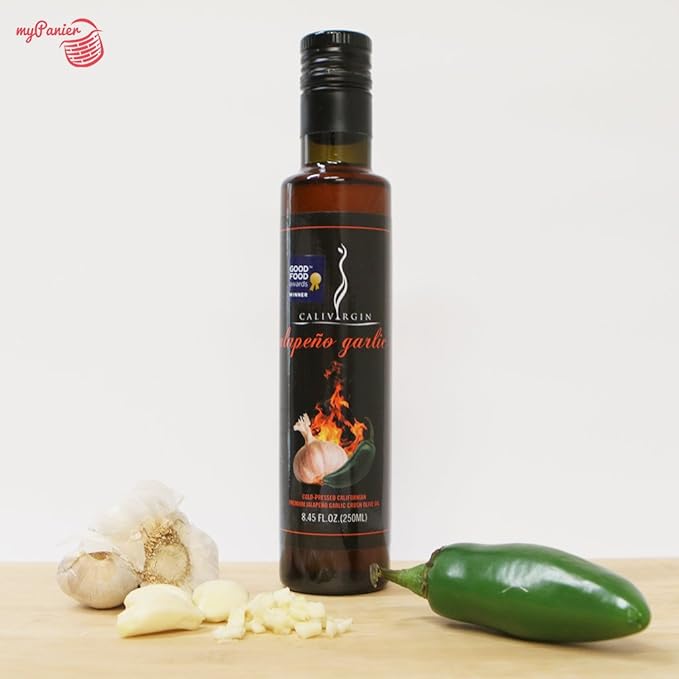 Calivirgin Jalapeno Garlic Flavored Olive Oil - Jalapeno Garlic Infused Extra Virgin Olive Oil - Cold Pressed Olive Oil - Jalapeno Olive Oil - No Preservatives, Organically Grown Olives - 250ml