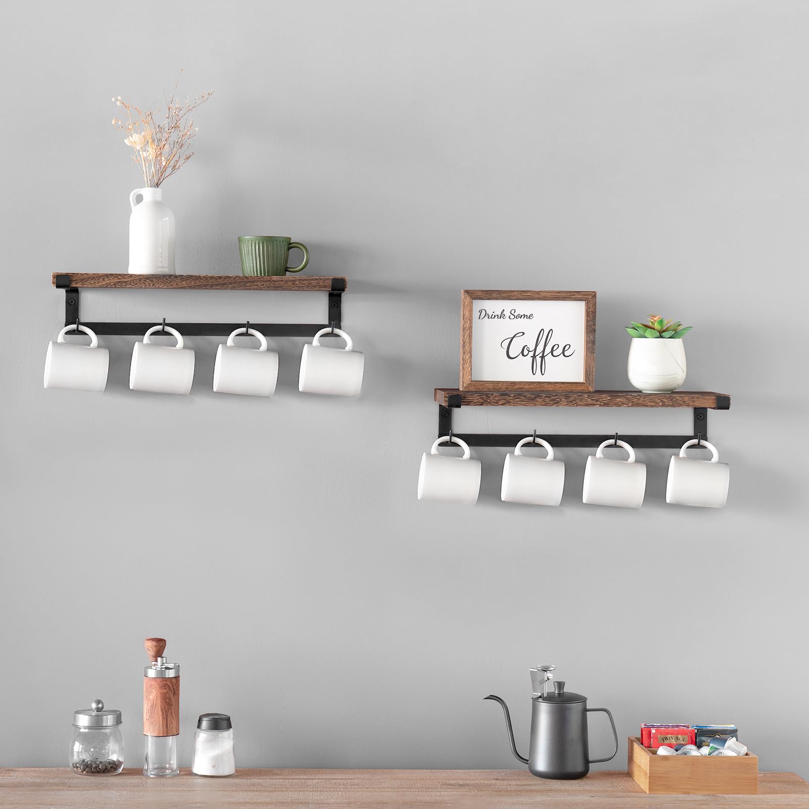 Dahey Coffee Mug Holder Wall Mount with Hooks, 2 Pack Wood Cup Shelf, Brown