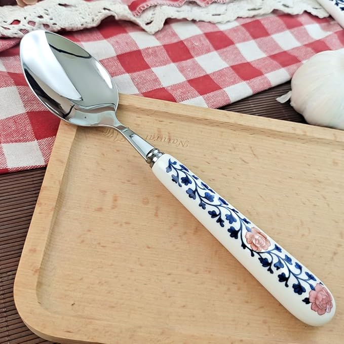 20cm 8inch Dinner Spoon 18-10 Stainless Steel Mirror Smooth Polished Ceramic Handle,Peony Pastoral Whisper Style Table Spoons, SUS304 Soup Spoon (2 PCS Spoons-Peony)
