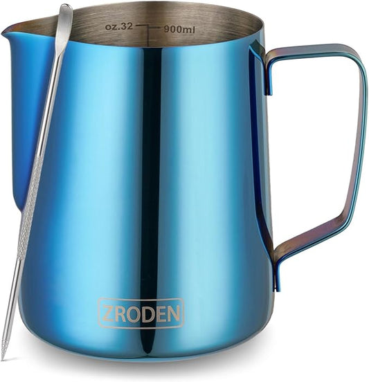Milk Frothing Pitcher, 32oz Espresso Steaming Pitchers Stainless Steel Cappuccino Coffee Machine Accessories Barista Tools Steam Froth Pitchers Milk Jug Cup with Decorating Pen Latte Art, Blue