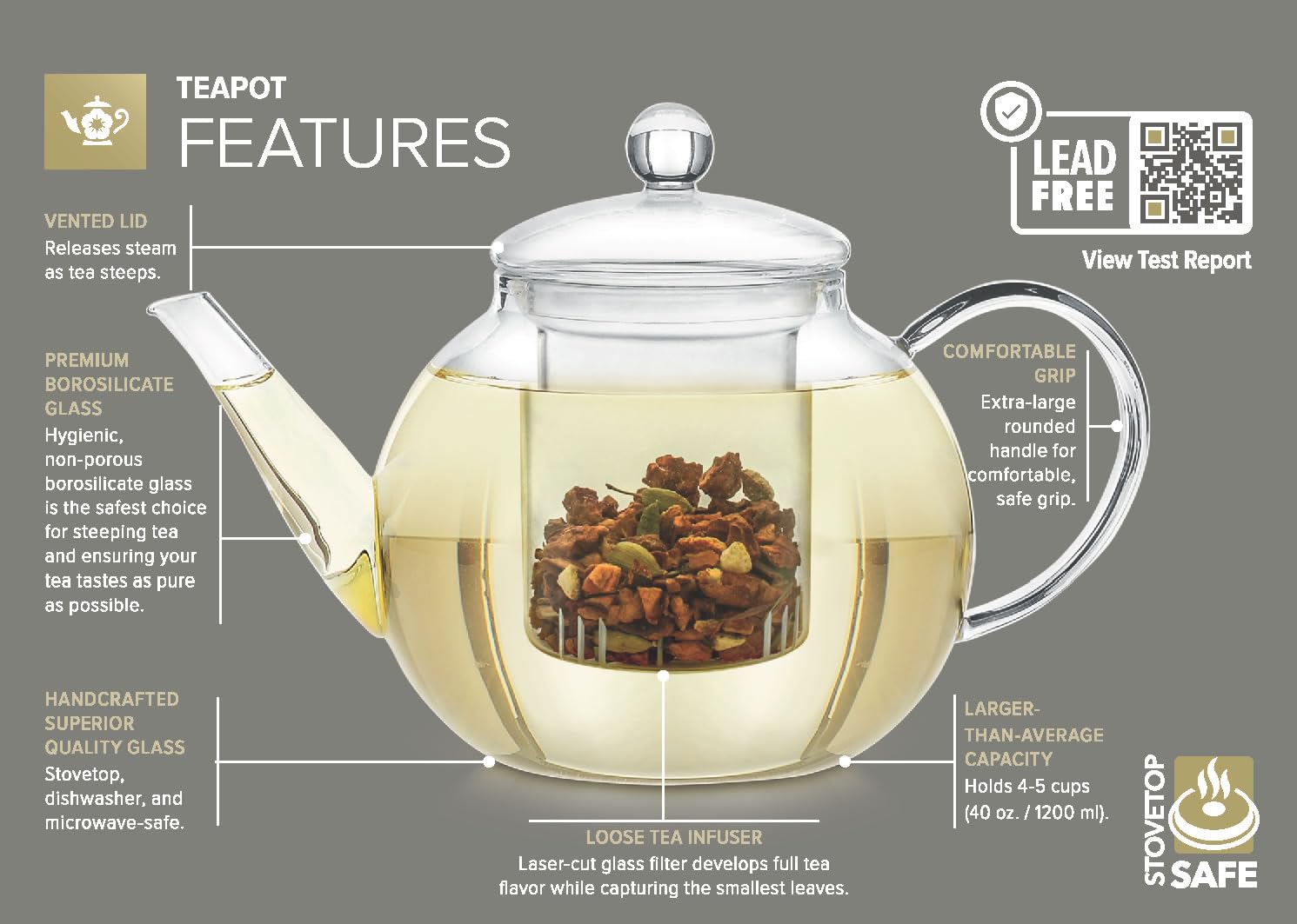 Teabloom Stovetop & Microwave Safe Glass Teapot with Removable Loose Tea Glass Infuser – Includes 2