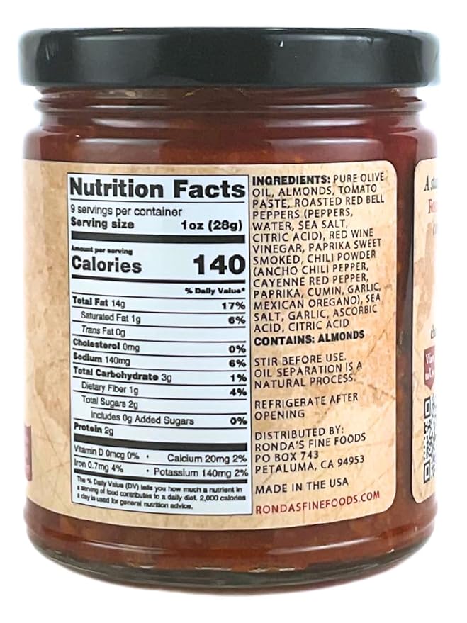 Romesco Dip, Spread, Topping & Sauce ??Thick, Small-Batch Romesco with Almonds, Pure Olive Oil, Red Peppers, & Tomato ??Keto, Vegan, Gluten-Free Red Sauce for Fish, Meat, Veggies, & Chicken by Ronda?™s Fine Foods