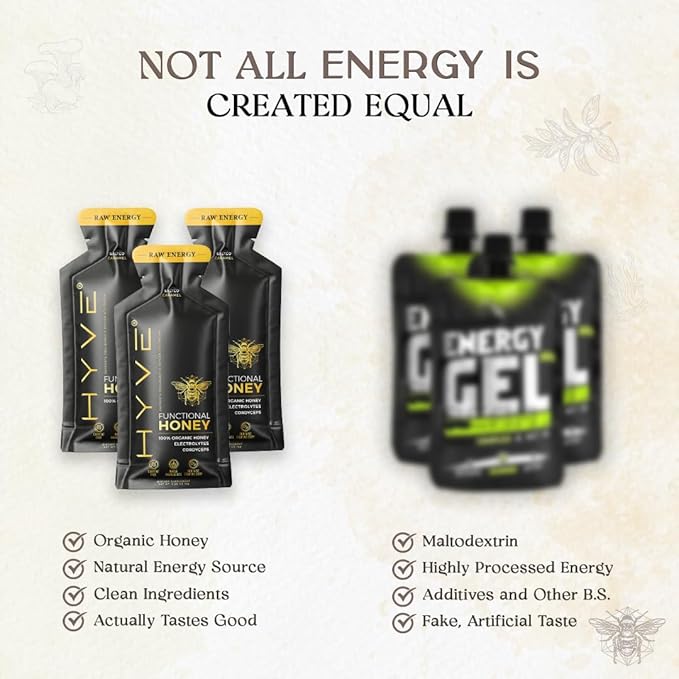 HYVE Functional Pre-workout Honey – Raw Energy Sachets with Organic Cordyceps Mushrooms, Black Lava Sea Salt & Organic Honey – Natural Energy Boost, Pack of 12, Salted Caramel