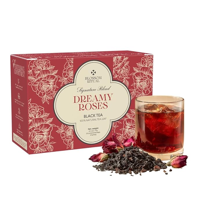 BLOSSOM RITUAL Dreamy Roses – Black Tea Loose Leaf – 20 Natural Based Pyramid Bags – Serve Upto 60 cups – Rose Petal Infused – Boost Focus & Relaxation – Resealable Zip Pouch| 2.65oz
