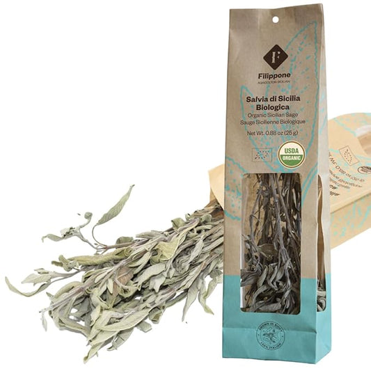 FILIPPONE - Organic Dried Sage, 25 g (0.88 oz) Dried, Fragrant Italian Salvia Branch, Certified USDA Organic, Relaxation, Aromatherapy, and Crafts