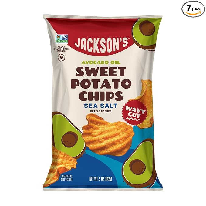 Jackson???Wavy Sweet Potato Kettle Chips - with Sea Salt made with Premium Avocado Oil (5 oz, Pack of 7) - Allergen-friendly, Gluten Free, Peanut Free, Vegan, Paleo Friendly - Shark Tank Product