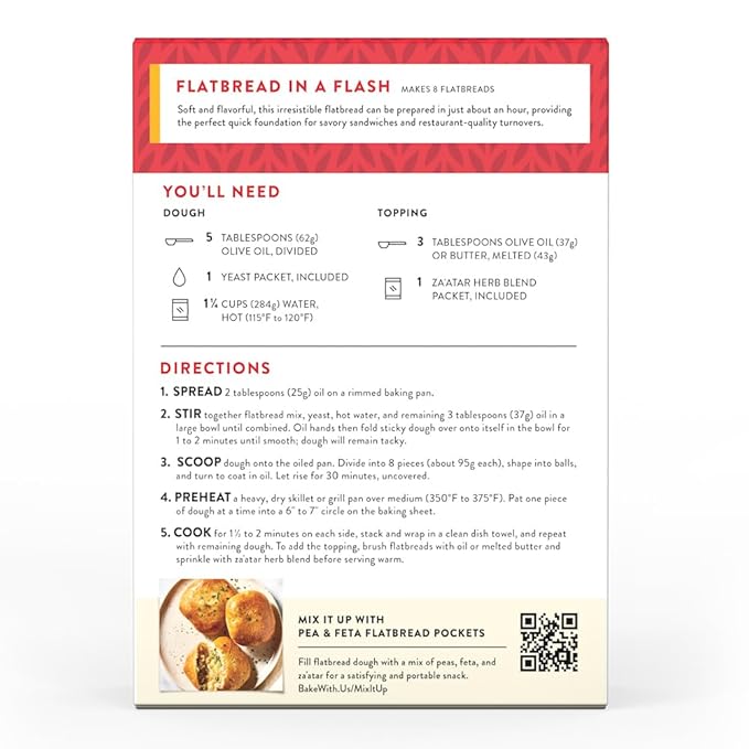 King Arthur Baking Company Perfectly Tender Flatbread Mix Kit 16.5 oz., Baking Mix - Ready in 1 hour