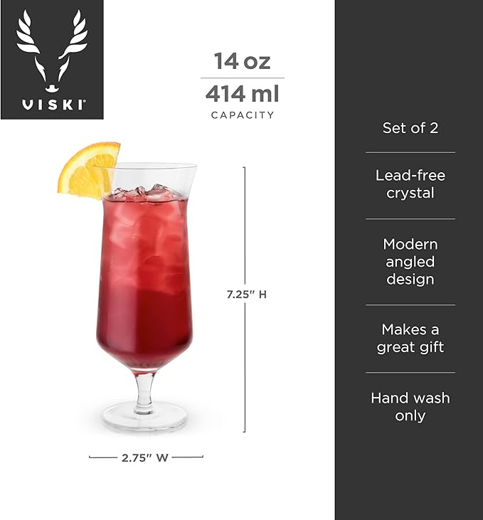 Viski Raye Hurricane Glasses, Perfect for Pina Coladas, Tropical Cocktail Glass, Crystal Glasses Gift set of 2, Clear, 14oz