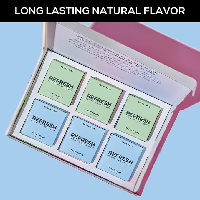 Refresh Gum, Xylitol, Natural, Sugar Free, Long Lasting Chewing Gum, Plastic Free, Natural Flavors & Organic Ingredients, Non GMO, Gluten Free, Vegan, Peppermint & Garden Mint