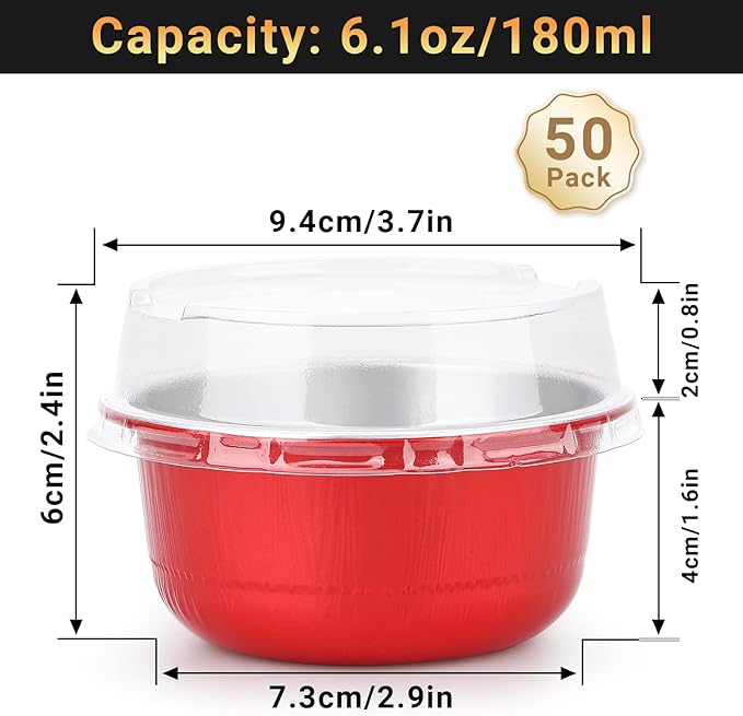Beasea Disposable Baking Cups With Lids, 50 Pack 6.1oz 180ml Aluminum Foil Ramekins Round Baking Mini Cupcake Oven Cups for Party - Red
