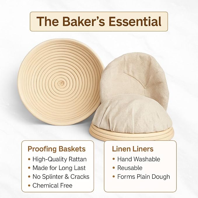 Banneton Bread Proofing Basket 9??Round & 10" Oval with Linen Liners ??Sourdough Bread Baking Supplies Kit | Natural Rattan Sourdough Proofing Basket, Bread Making Tools, Sourdough Banneton Basket