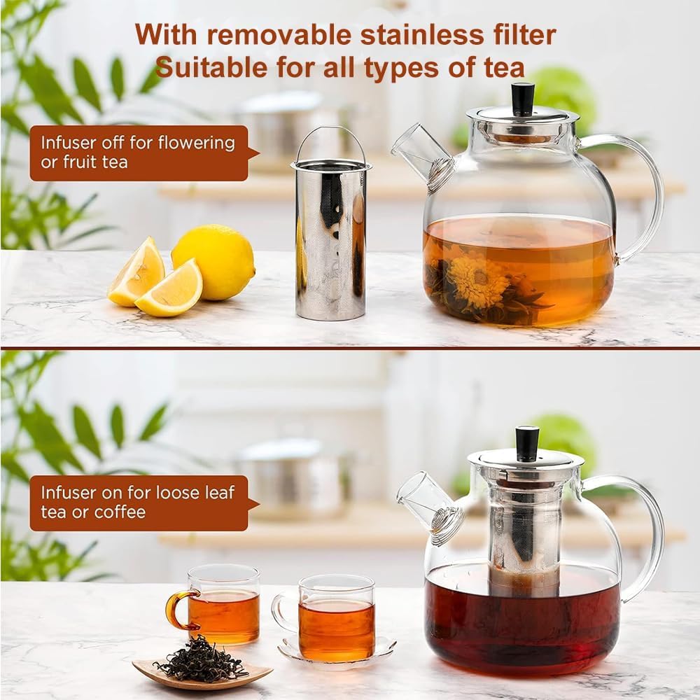 1500ml(50oz) Glass Teapot with Removable Infuser, Ehugos Stovetop Safe Large Tea Pot, Blooming and
