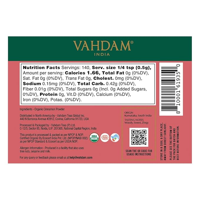 VAHDAM, Organic Cinnamon Powder (2.47oz/70g) 100% Raw, Non GMO, Gluten Free | Cinnamon Spice for Cooking, Smoothies, Lattes & Tea | Direct from Source