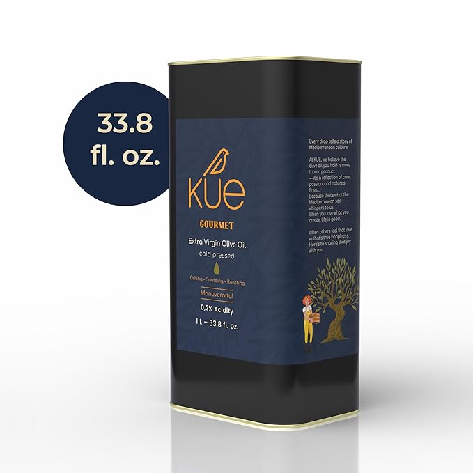 Kue Gourmet Extra Virgin Olive Oil Cold Pressed - Mediterranean Olive Oil - EVOO - Aceite de Oliva Extra Virgen - Monovarietal - Olive Oil Extra Virgin For Cooking - Oil Olive Tin - 33.8 Fl. Oz.