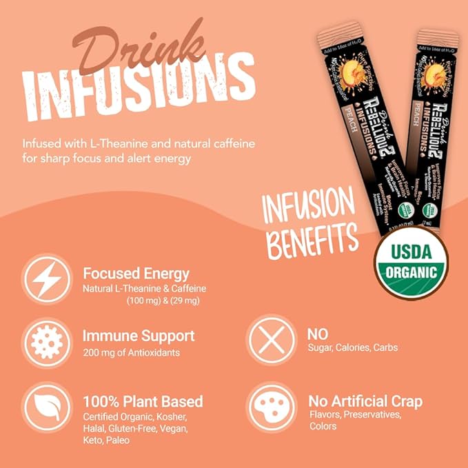 Rebellious Peach Organic Drink Mix ??Organic Zero Calorie Energy Drink Mix | Monk Fruit & Green Tea Extract | L-Theanine + Natural Caffeine | 100% Plant-Based | Pack of 10 | Keto, Kosher, Gluten-Free