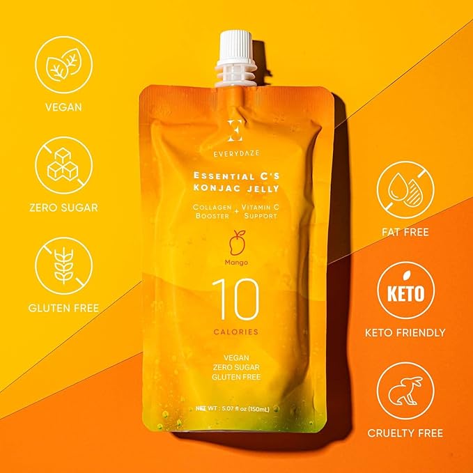 EVERYDAZE Essential C?셲 Konjac Jelly | Mango | Vegan Collagen Peptides and Vitamin C | Gluten Free, Sugar Free, Low Calorie | Healthy Drinkable Fruit Snack | 10 Pack Box Food Drink Pouch