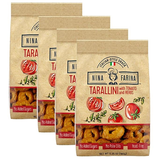 NINA FARINA Tarallini Tomato & Herb-Fresh Baked Italian Crackers Free from Added Sugars, Palm Oils, Yeast - Italian Style Nutritious Tarallini Crackers Great for Health 6.35oz/bag (4PACK)