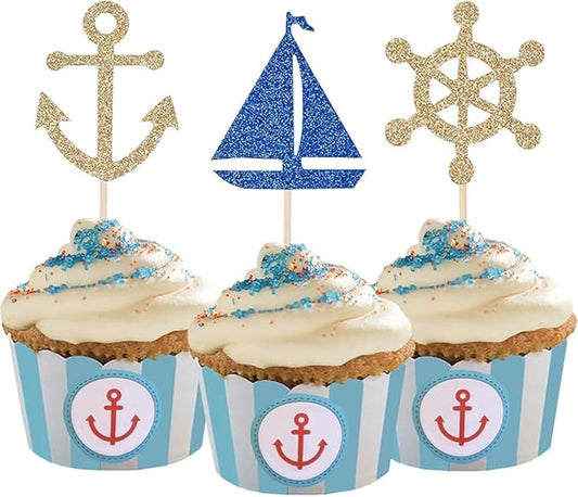 24 Pcs Nautical Theme Glitter Cupcake Picks Cupcake Toppers Food Fruit Picks for Decoration Party Favors