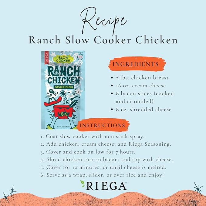 Riega Ranch Chicken Slow Cooker Seasoning, Perfect Dry Powder Mix for Ranch Seasoning Chicken, 1 Ounce (Pack of 8)
