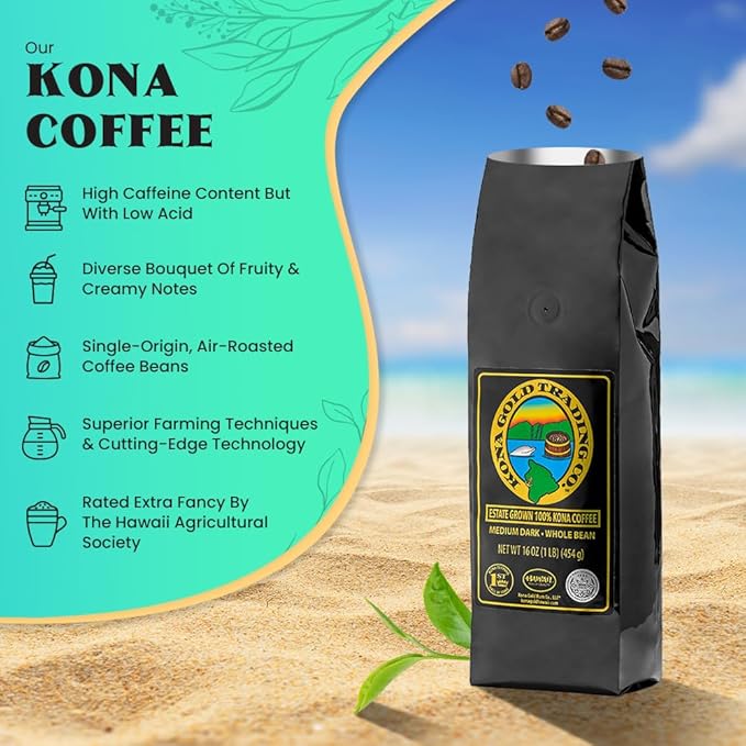 Hawaiian Kona Coffee Whole Bean - 16 oz, Kona Gold Coffee by Kona Gold Rum Co. - Freshly Roasted Medium/Dark Roast Extra Fancy - 100% Kona Coffee | Peach Notes With Creamy Tones