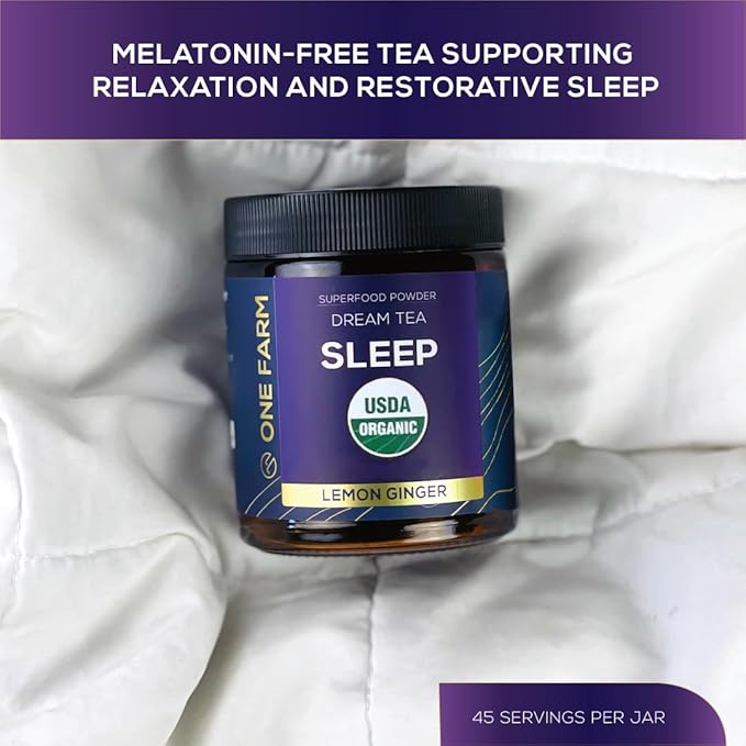 One Farm Dream Tea Sleep Powder - with USDA Organic Reishi, Tart Cherry, Chamomile, Lemon Balm, and Passionflower - 45 Servings in a Resealable Glass Jar - Soothing Chamomile Flavor