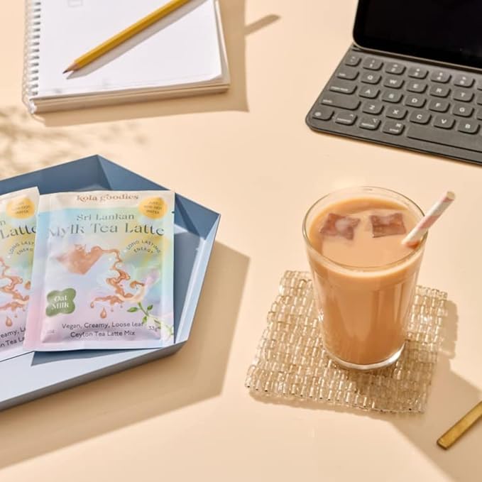 Kola Goodies - Oat Milk Tea Latte - Vegan - Mood Lifter w/Low Caffeine - Made with Loose Leaf Ceylon Tea, Oat Milk Powder, Monk Fruit Sweetener & Raw Coconut Sugar - Ready in 3 Minutes - 10 Sachets
