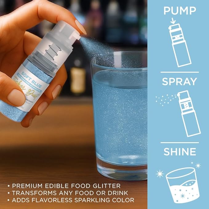 Bakell - Soft Blue Tinker Dust (4g, 1x Mini Spray Pump) Edible Glitter for Food, Desserts, and