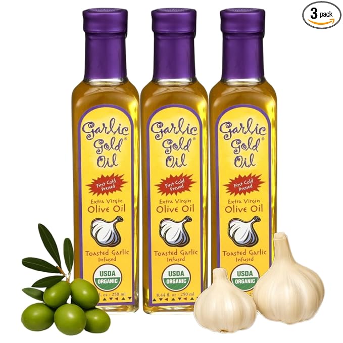Garlic Gold Extra Virgin Olive Oil Infused with Garlic, Premium Certified USDA Organic, Low FODMAP, Cold Pressed (250 mL, 3 Pack)