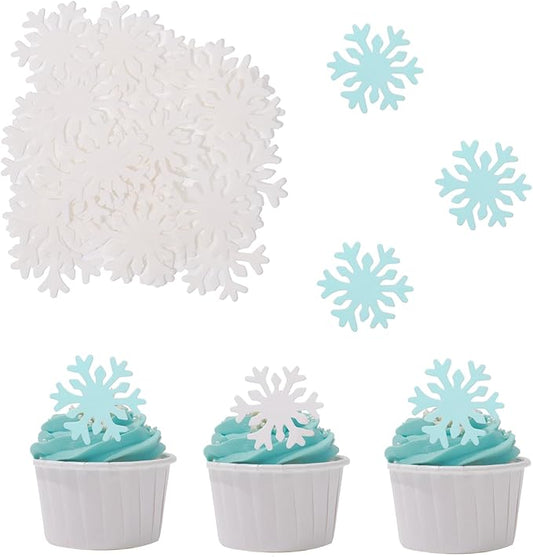 THJ 50PCS Edible Snowflakes Cupcake Toppers Blue&White Snowflakes Frozen Cake Decorations Wafer Paper Snowflake Cake Sprinkles for Christmas Winter Holiday Frozen Theme Party Supplies